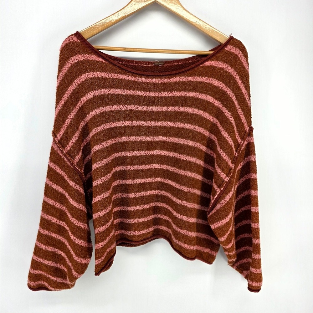 Free People Sweater Womens XS Brown Pink Striped Slouchy Knit Boat Neck Boho